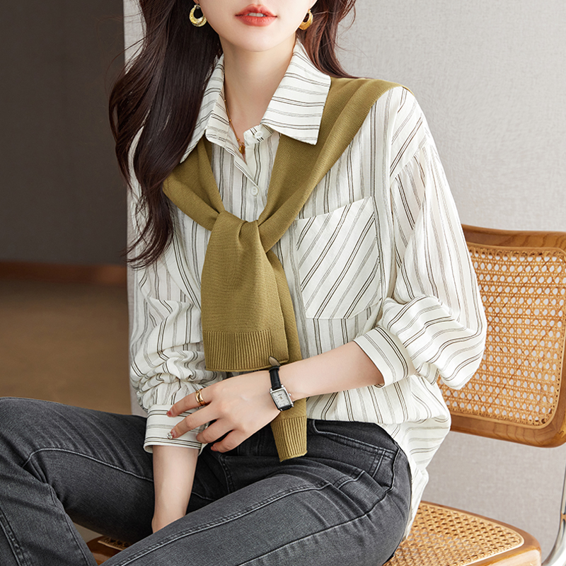假兩件韓版簡約寬鬆長袖條紋襯衫