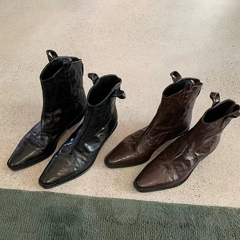 時髦尖頭V口復古粗跟切爾西靴西部靴