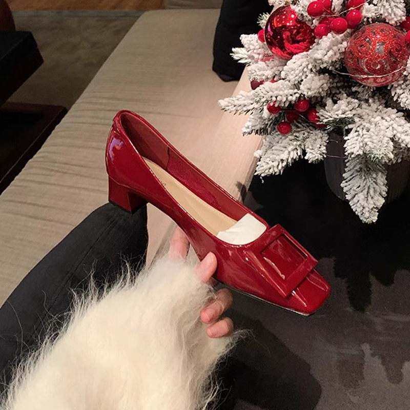 經典方扣通勤粗跟優雅氣質單鞋