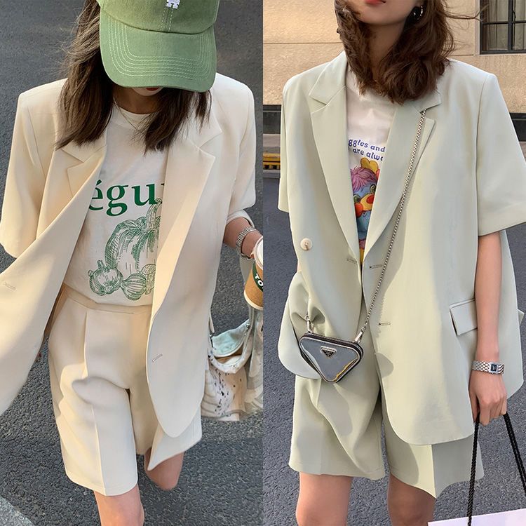 春夏薄款休閒寬鬆短袖西裝短褲套裝