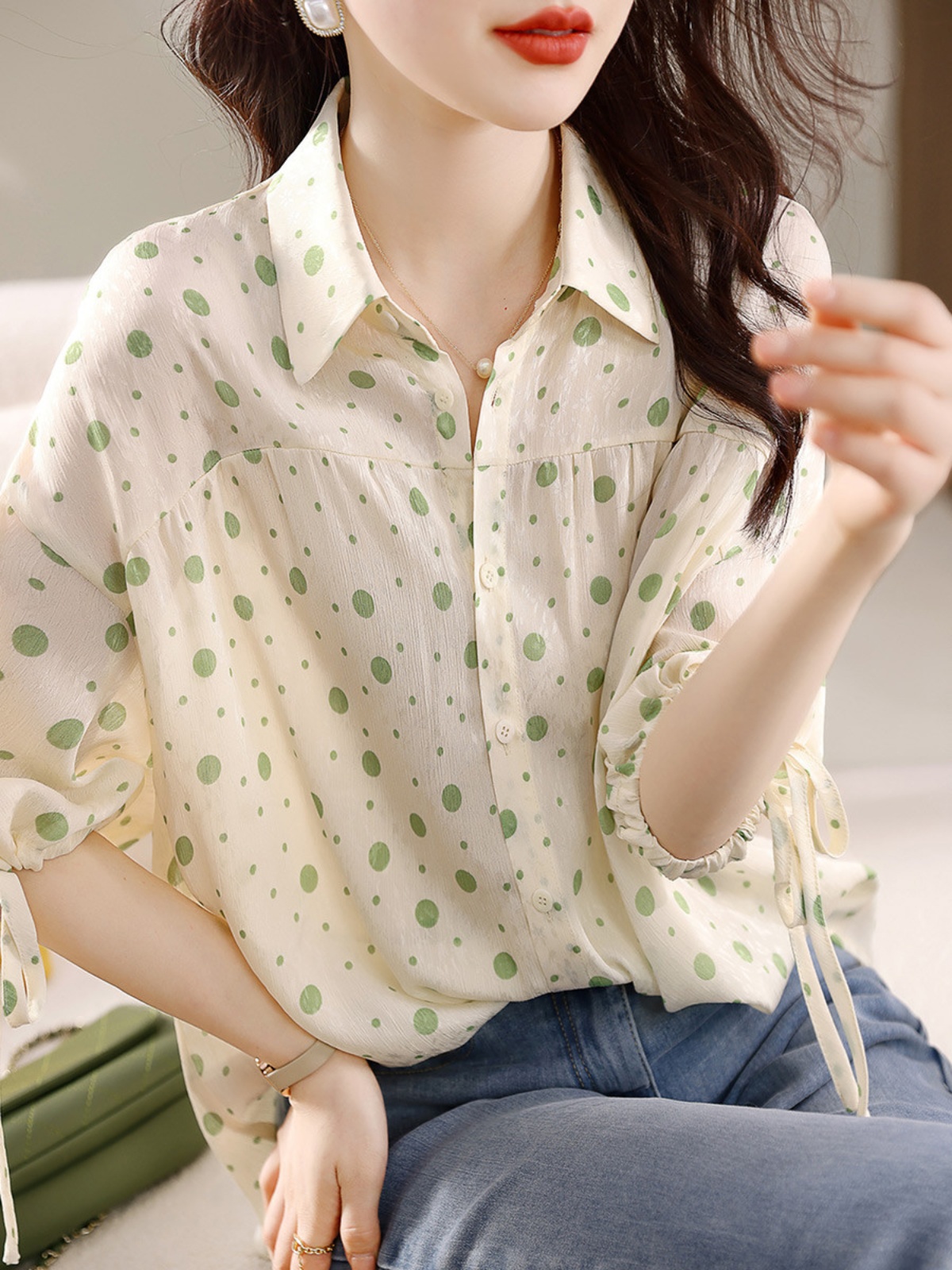 波點百搭翻領減齡短袖上衣