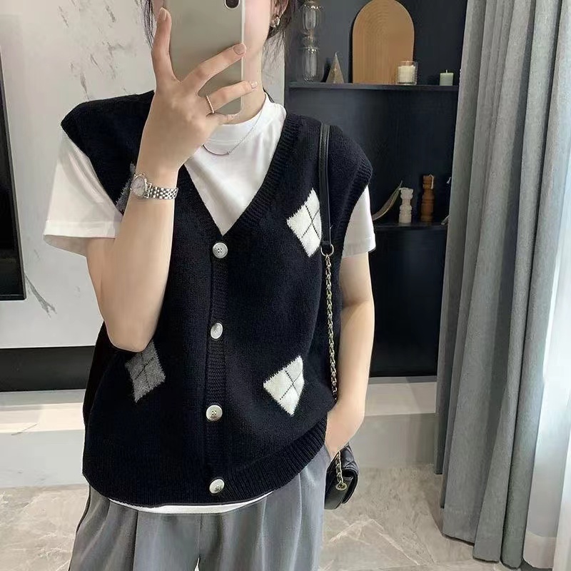 日系復古菱格疊穿坎肩針織馬甲背心