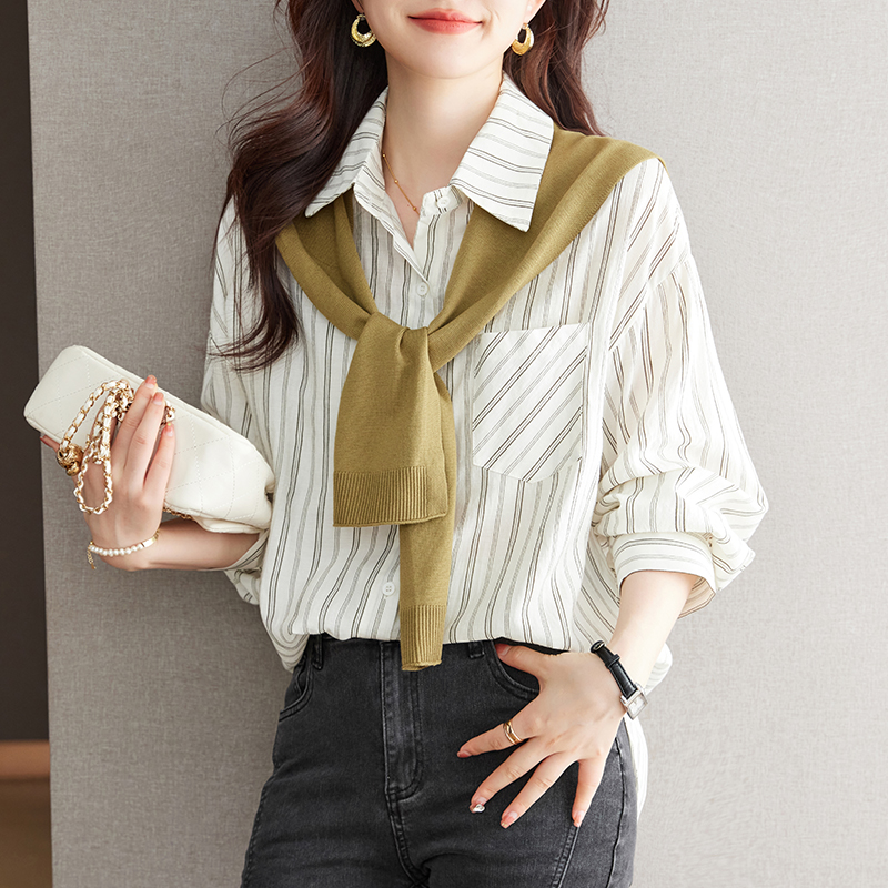 假兩件韓版簡約寬鬆長袖條紋襯衫