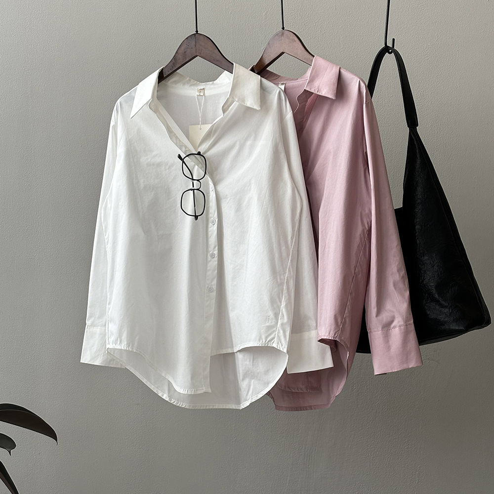 韓版簡約翻領單排扣新款不規則下擺襯衫