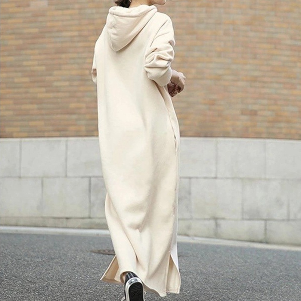 純色簡約長款開叉寬鬆連帽衛衣連衣裙