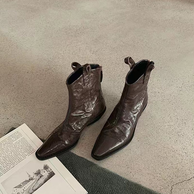 時髦尖頭V口復古粗跟切爾西靴西部靴