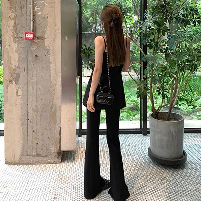 夏季無袖吊帶上衣黑色開叉休閒褲