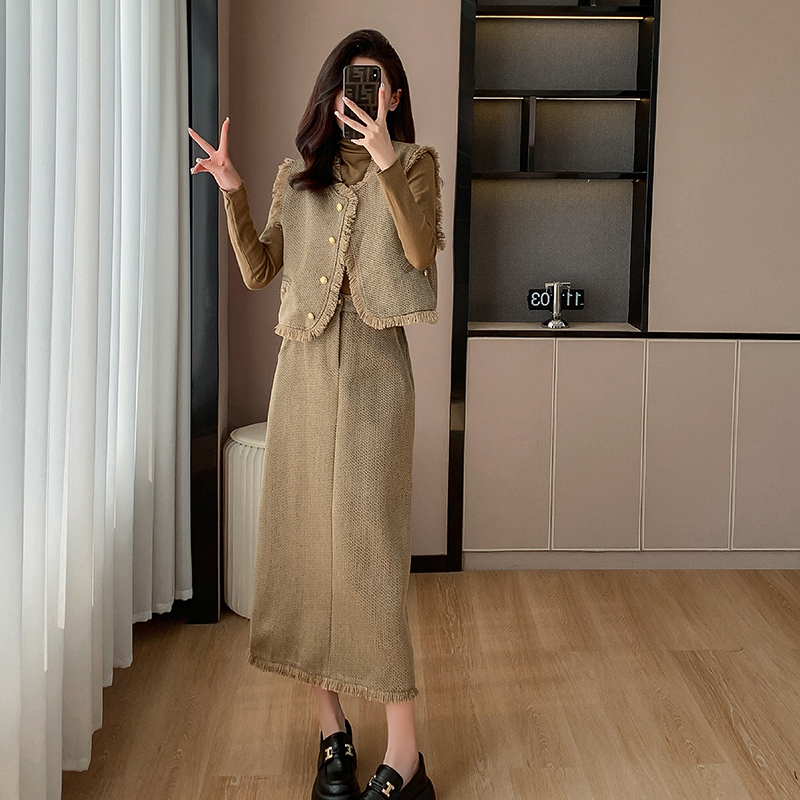 法式小香風粗花呢流蘇馬甲半身裙兩件套