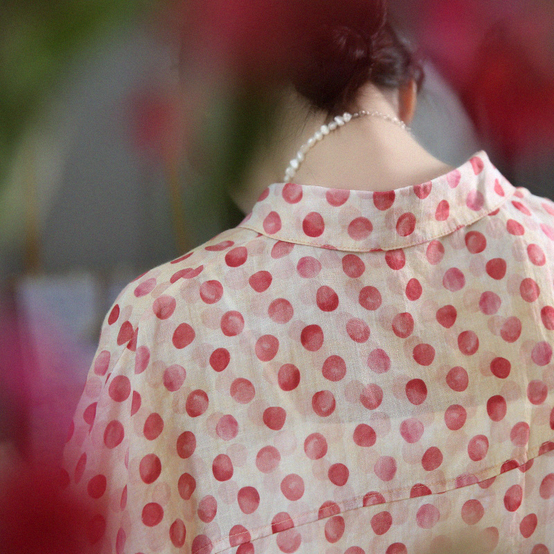 通勤五分袖簡約苧麻波點襯衫