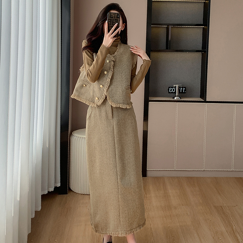 法式小香風粗花呢流蘇馬甲半身裙兩件套