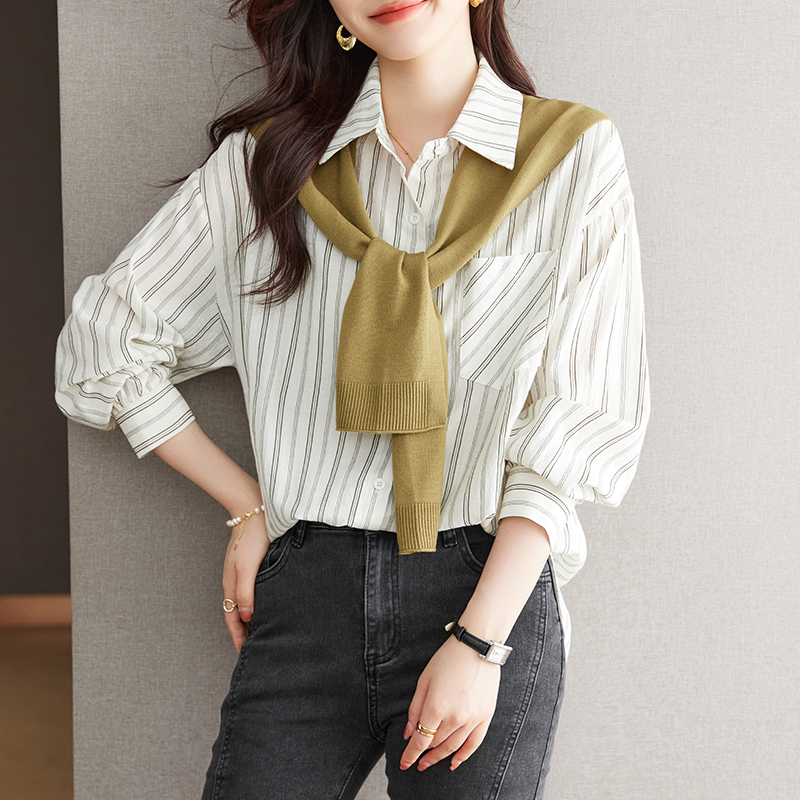 假兩件韓版簡約寬鬆長袖條紋襯衫