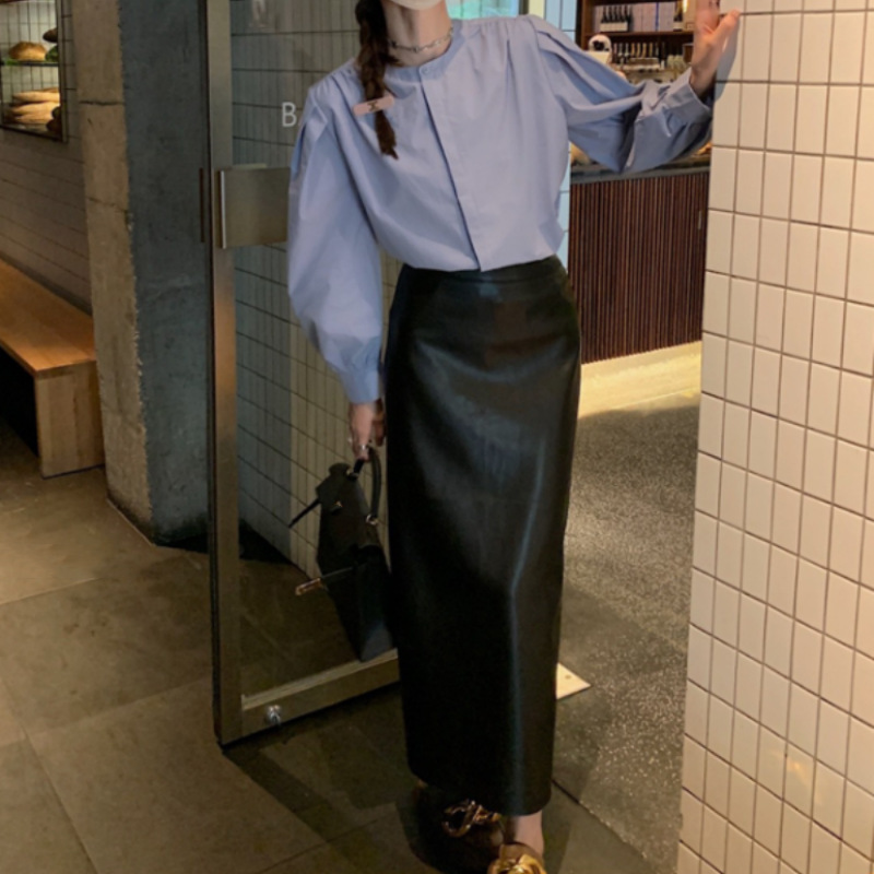 黑色長款後開叉高腰光澤感直筒半身裙