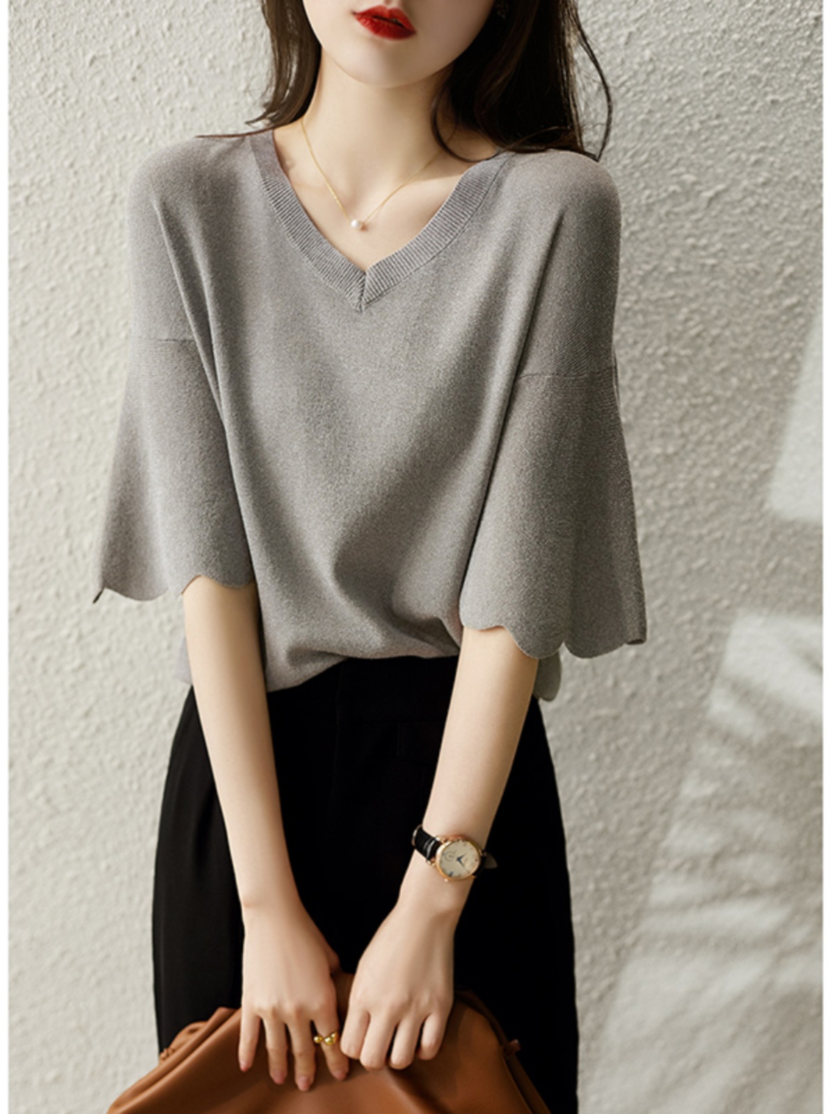 冰絲夏季花瓣袖針織T恤