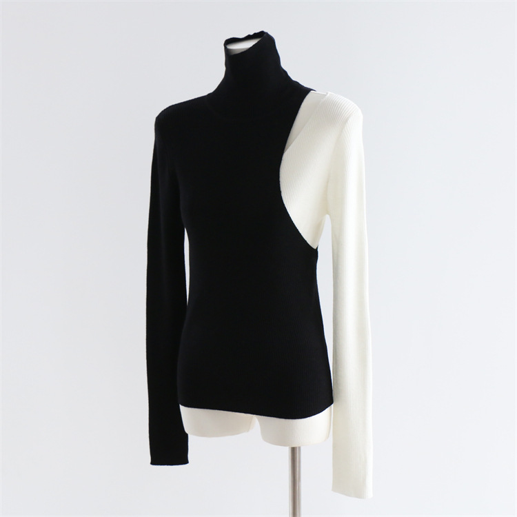 羊毛混紡假兩件高領鏤空時髦打底衫（8色）