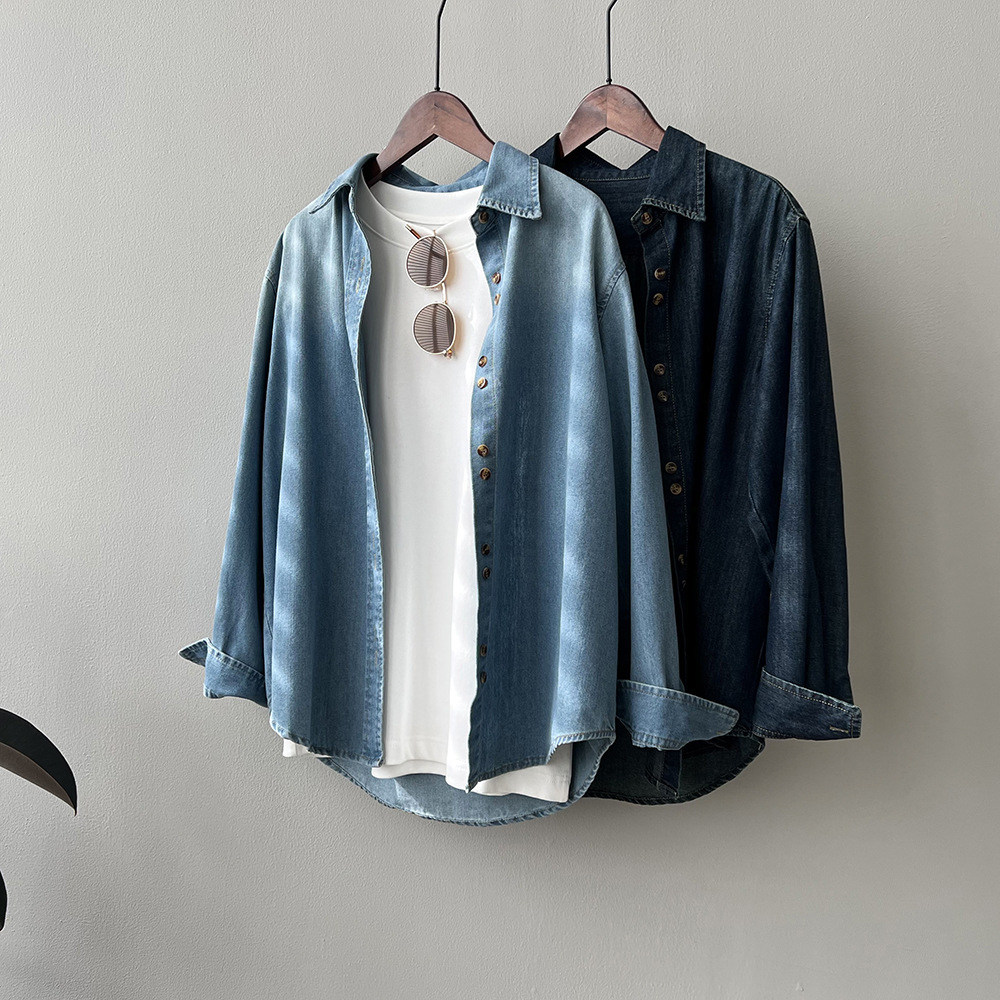 復古牛仔襯衫新款疊穿港式內搭寬鬆上衣