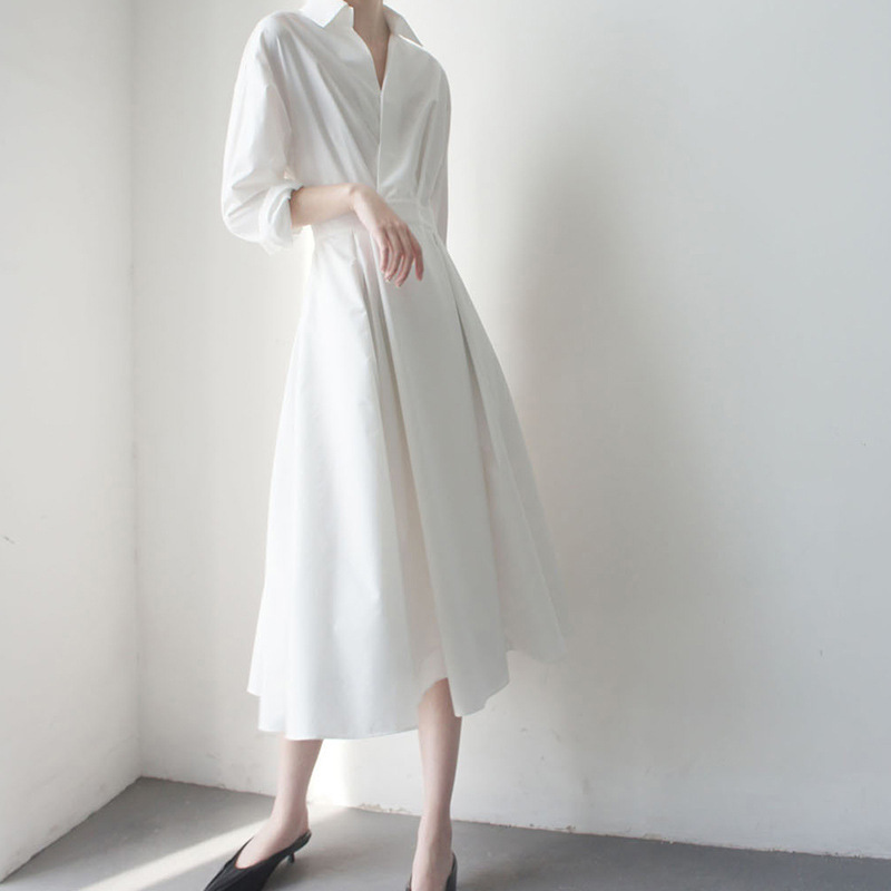 法式高級感純色氣質襯衫長裙