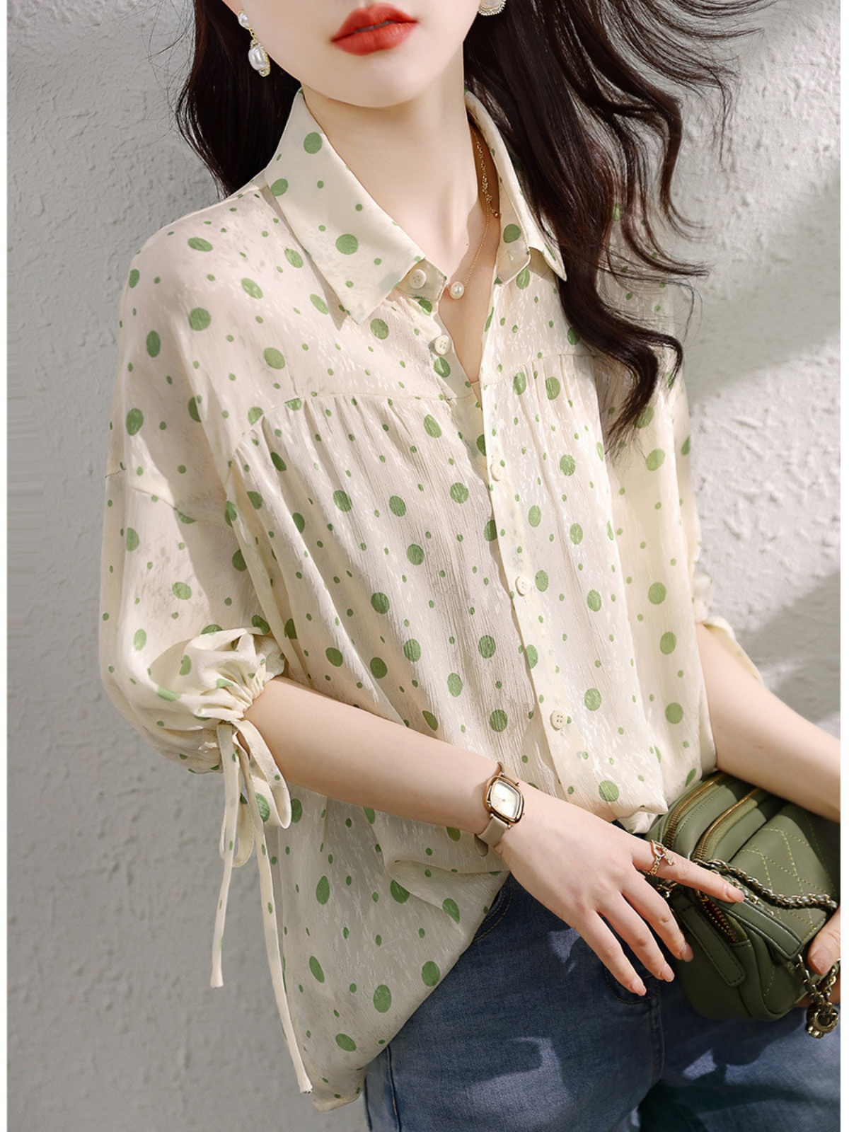 波點百搭翻領減齡短袖上衣