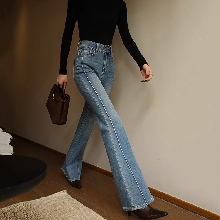 法式復古藍色牛仔褲修身高腰顯瘦長褲