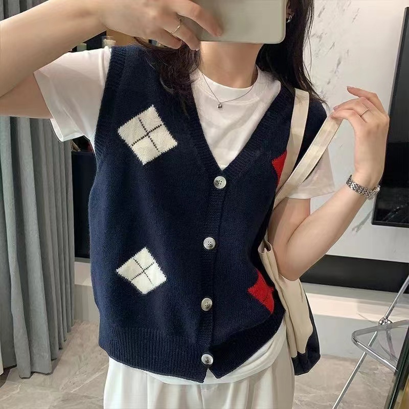 日系復古菱格疊穿坎肩針織馬甲背心