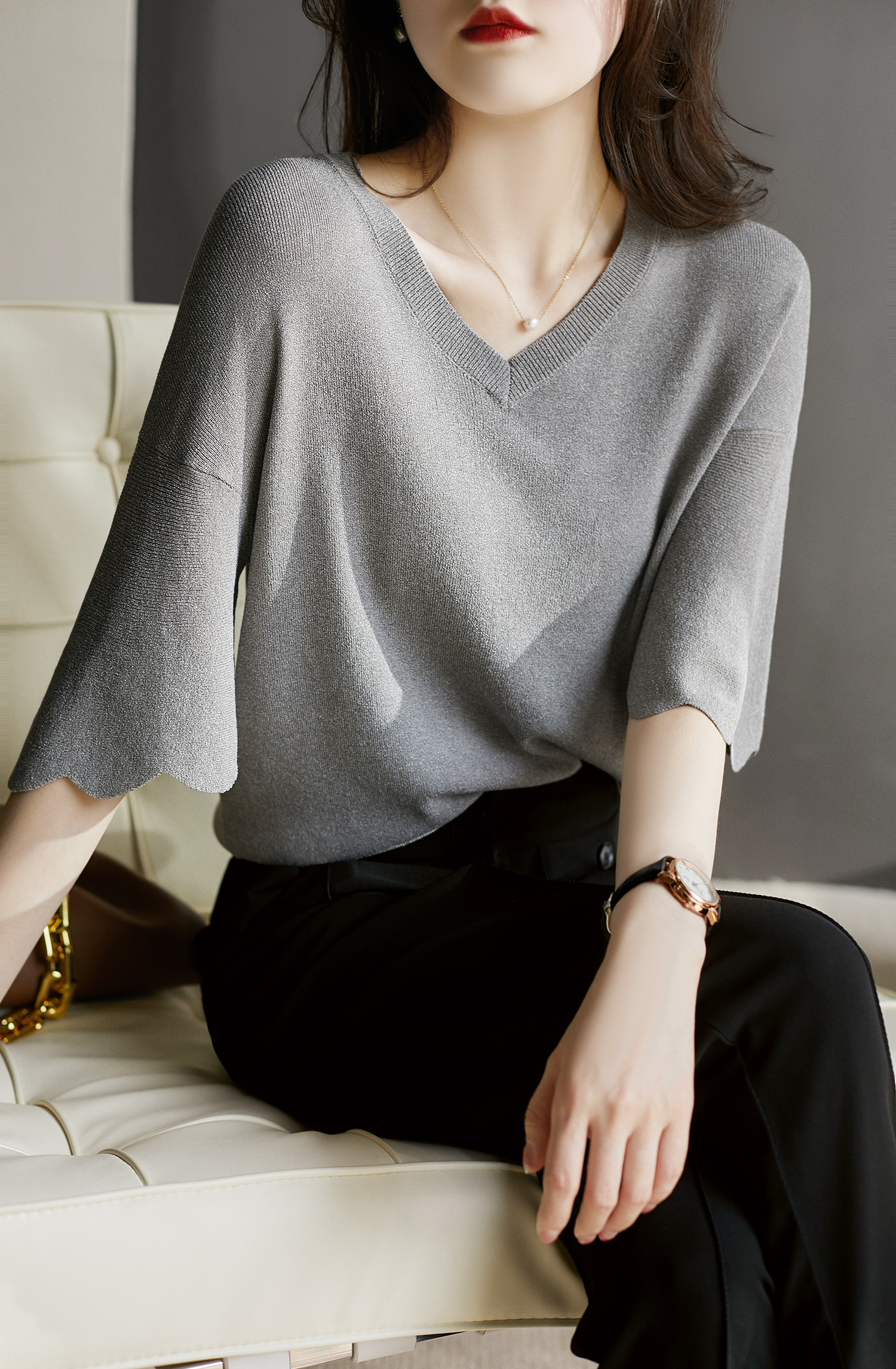 冰絲夏季花瓣袖針織T恤