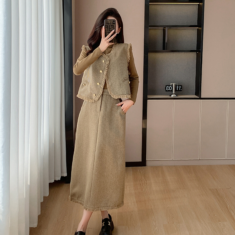 法式小香風粗花呢流蘇馬甲半身裙兩件套