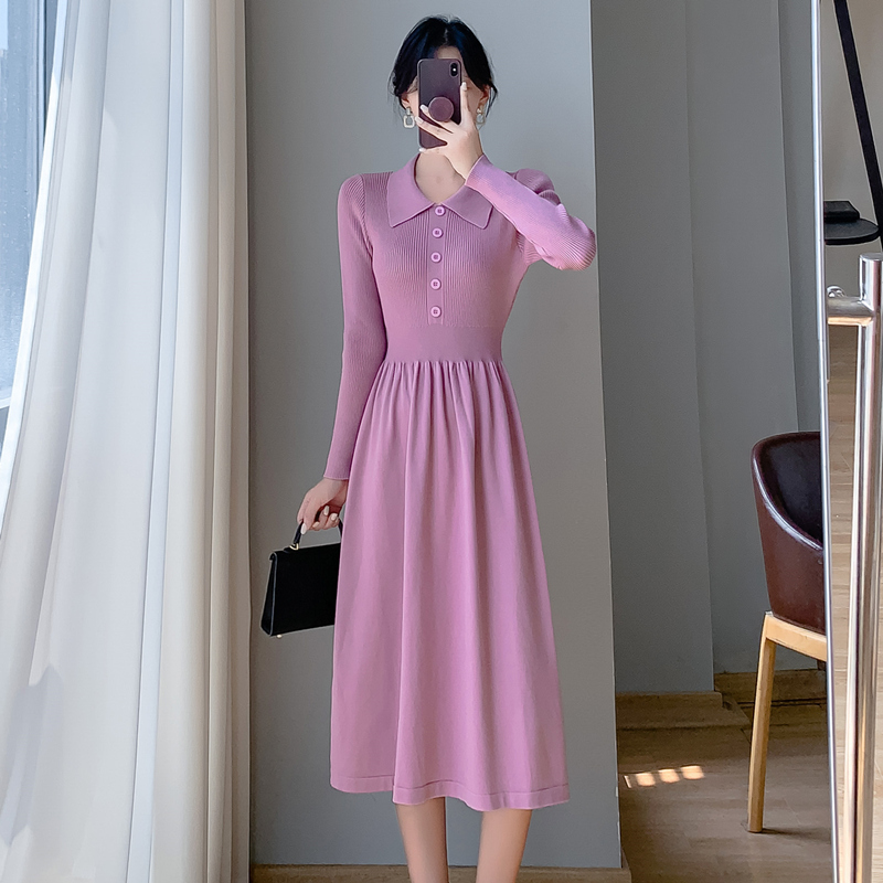 韓版氣質收腰顯瘦過膝針織毛衣裙