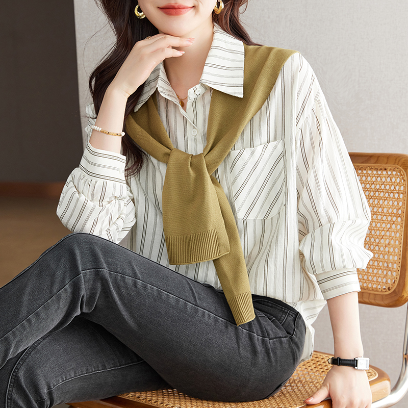 假兩件韓版簡約寬鬆長袖條紋襯衫