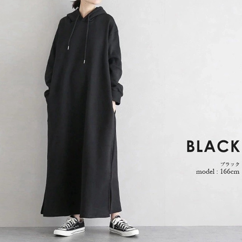 純色簡約長款開叉寬鬆連帽衛衣連衣裙