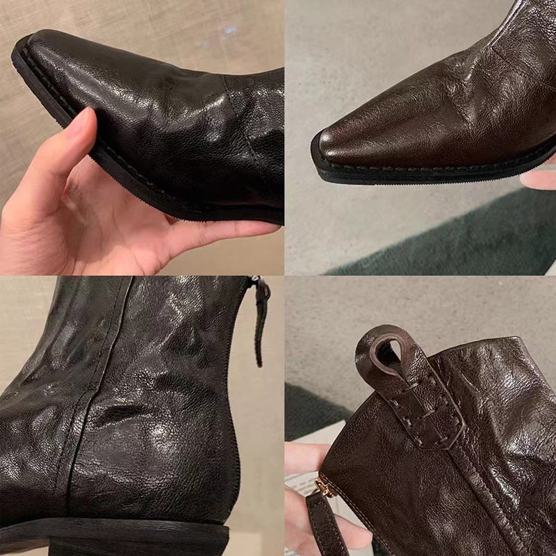 時髦尖頭V口復古粗跟切爾西靴西部靴