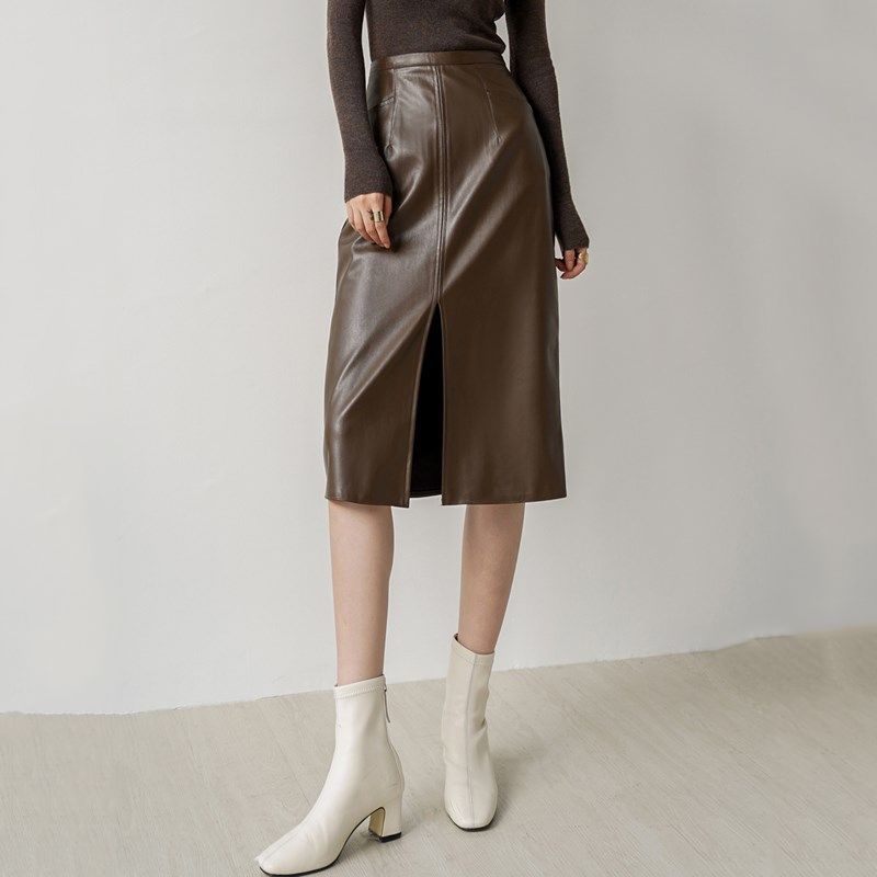 復古氣質高腰顯瘦開叉中長款皮裙