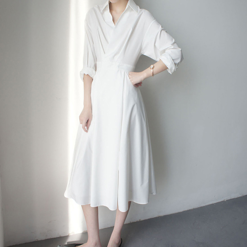 法式高級感純色氣質襯衫長裙