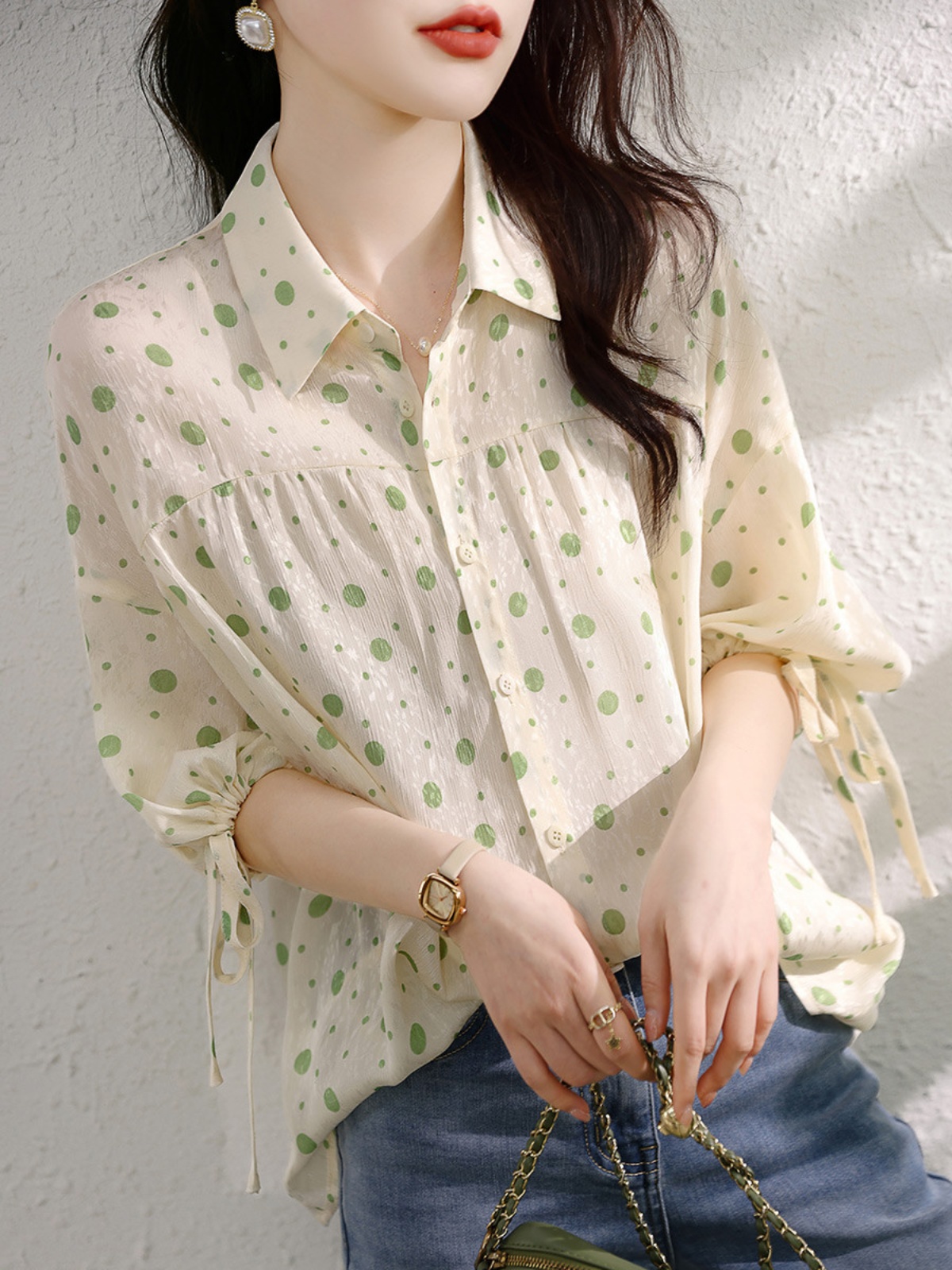 波點百搭翻領減齡短袖上衣