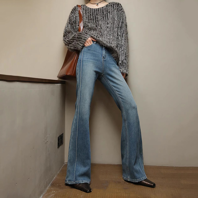 法式復古藍色牛仔褲修身高腰顯瘦長褲