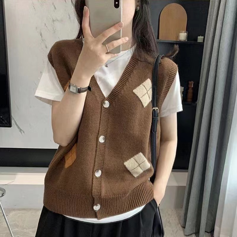 日系復古菱格疊穿坎肩針織馬甲背心