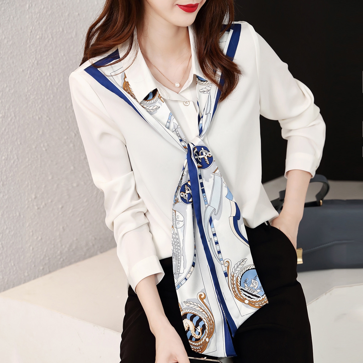 設計感小眾絲帶雪紡高級感襯衫