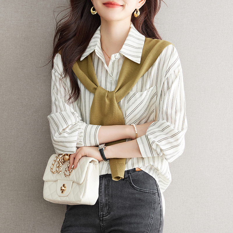 假兩件韓版簡約寬鬆長袖條紋襯衫