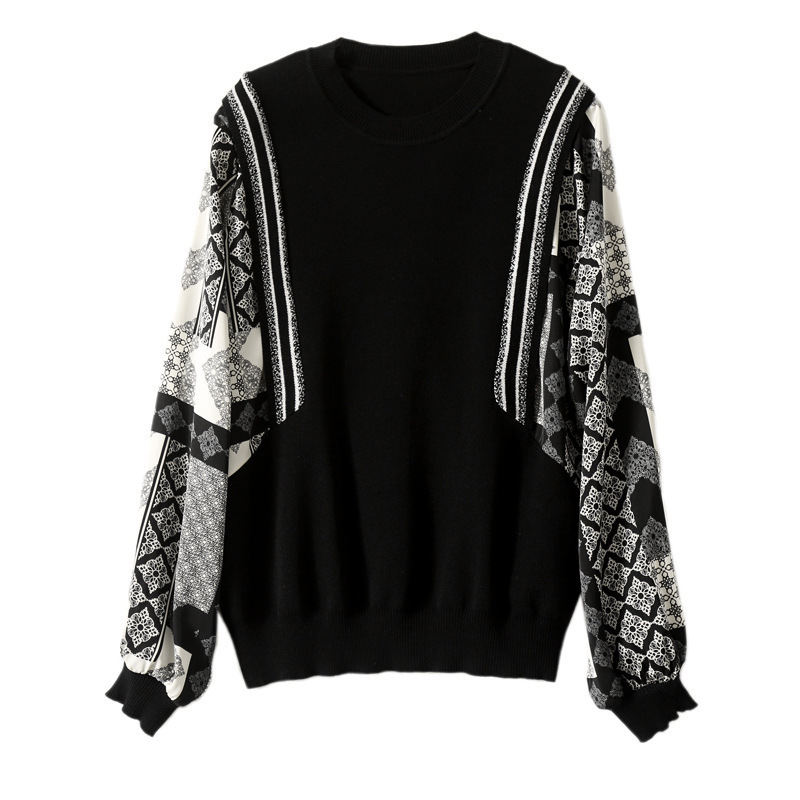 浪漫色彩圓領印花拼接袖套頭襯衫