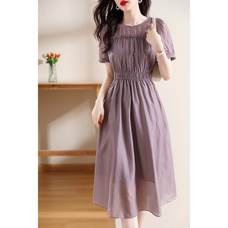 泡泡袖裙子高腰顯瘦連衣裙