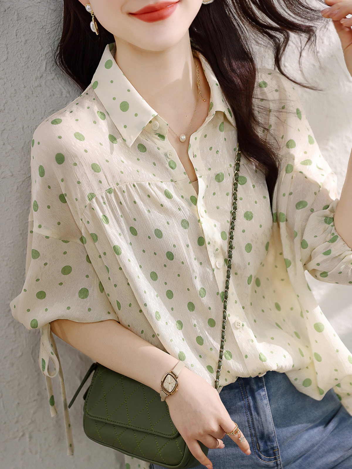波點百搭翻領減齡短袖上衣
