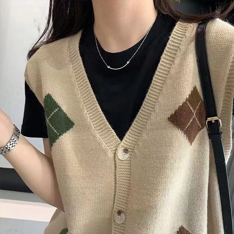 日系復古菱格疊穿坎肩針織馬甲背心