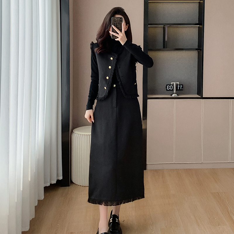 法式小香風粗花呢流蘇馬甲半身裙兩件套