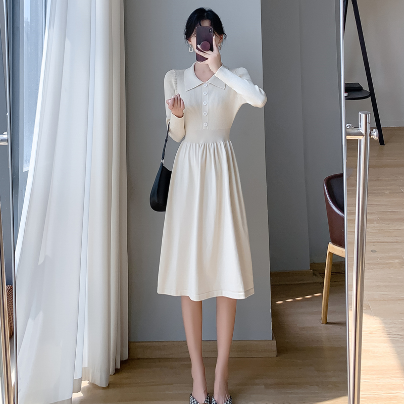 韓版氣質收腰顯瘦過膝針織毛衣裙