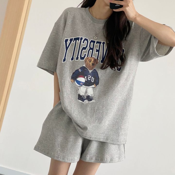 夏季時尚休閒運動服卡通印花短袖短褲套裝