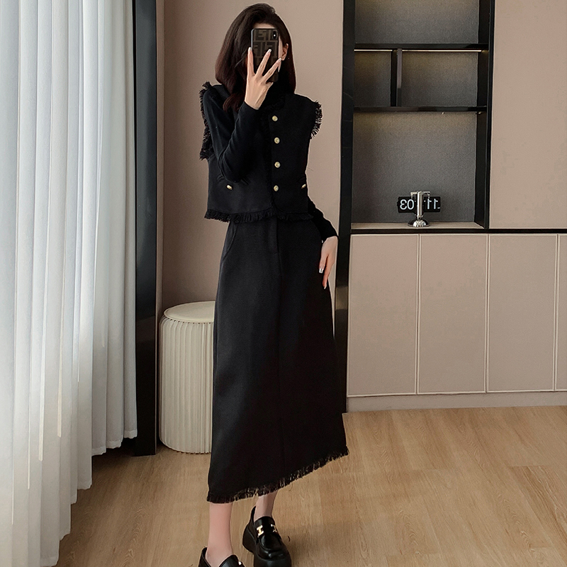 法式小香風粗花呢流蘇馬甲半身裙兩件套