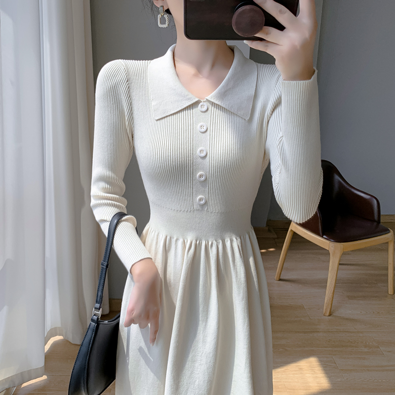 韓版氣質收腰顯瘦過膝針織毛衣裙