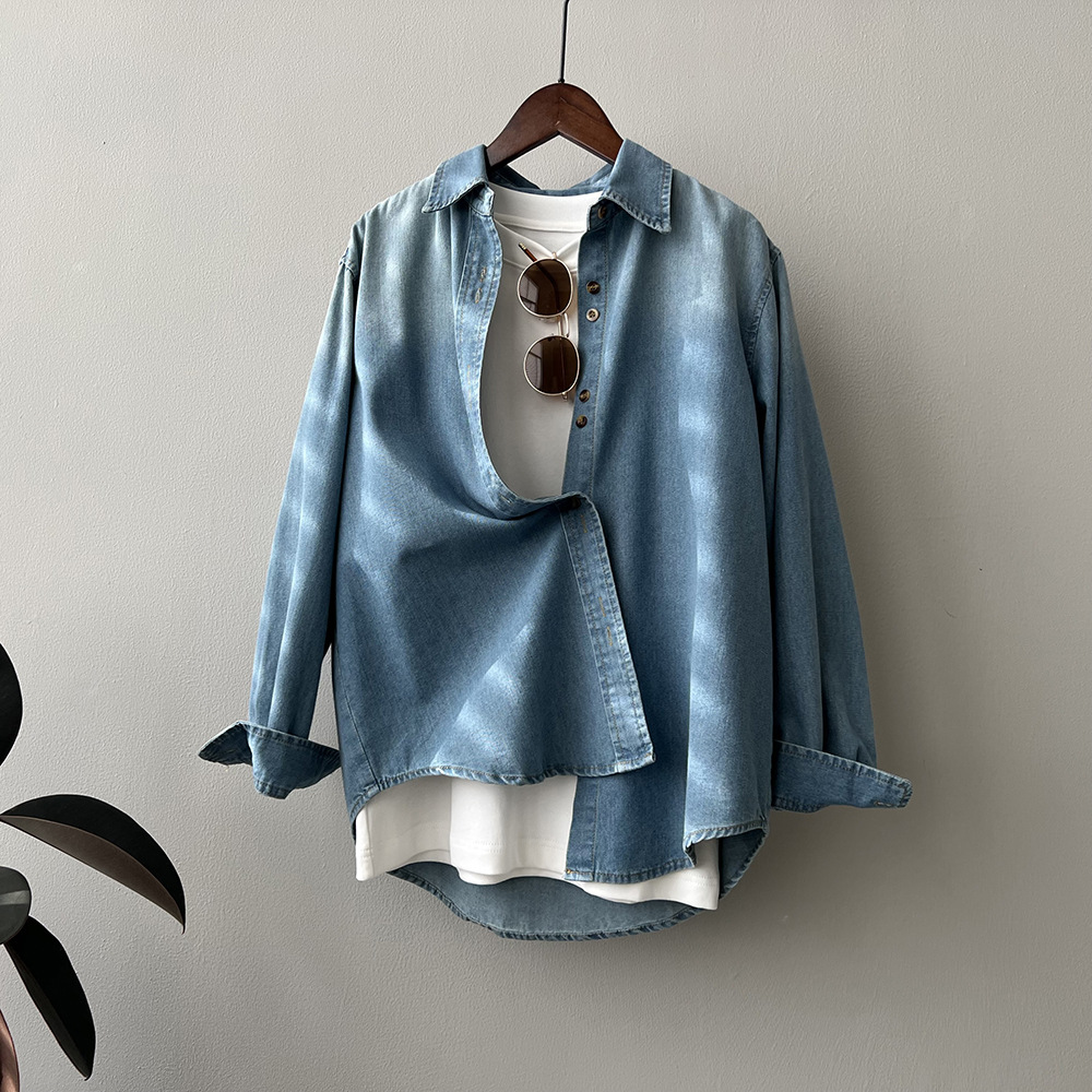 復古牛仔襯衫新款疊穿港式內搭寬鬆上衣