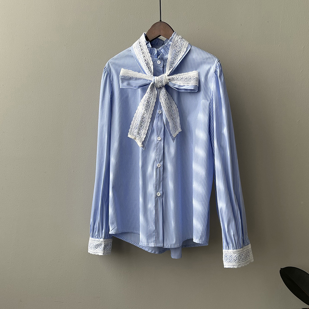 蕾絲綁帶蝴蝶結氣質寬鬆百搭條紋襯衫