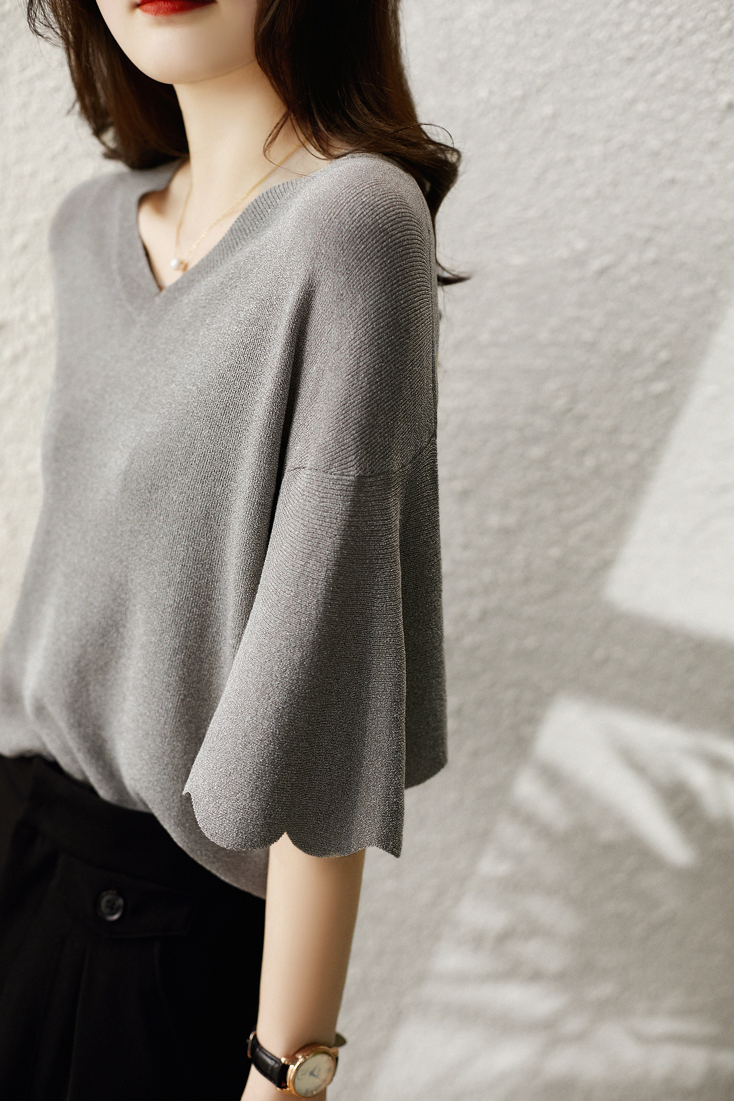 冰絲夏季花瓣袖針織T恤