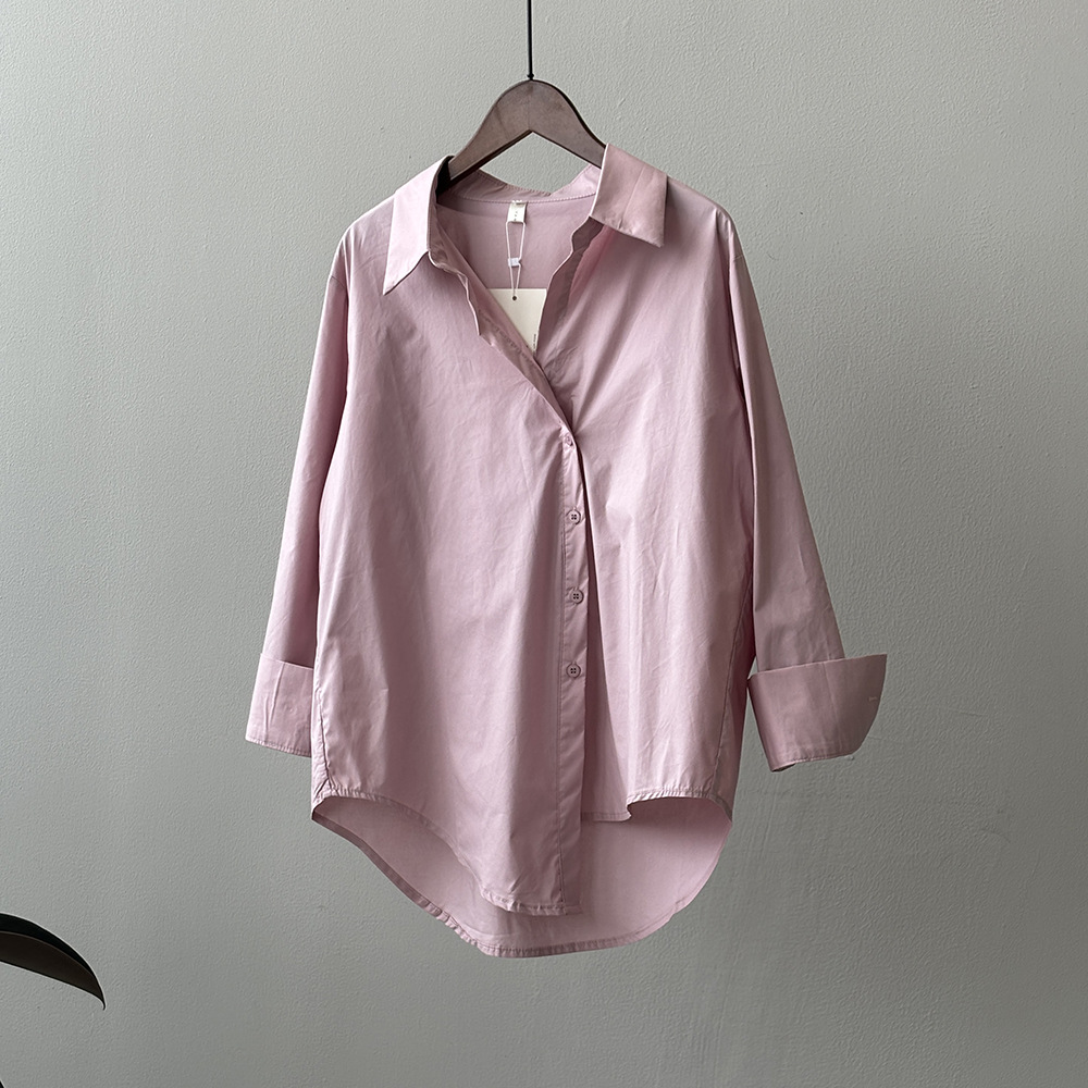 韓版簡約翻領單排扣新款不規則下擺襯衫