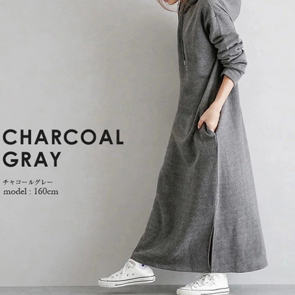 純色簡約長款開叉寬鬆連帽衛衣連衣裙